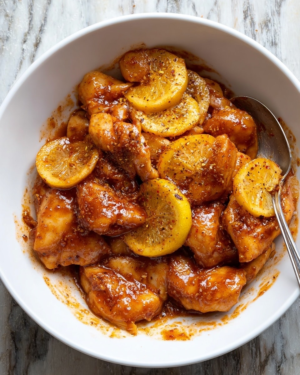 A white bowl filled with several pieces of raw chicken marinated in a thick, shiny, reddish-brown sauce, with visible spices coating each piece. Scattered throughout the chicken are thin yellow lemon slices with some brown seasoning on them. A silver spoon rests inside the bowl partially covered by the marinade. The bowl is placed on a white marbled surface. Photo taken with an iphone --ar 4:5 --v 7
