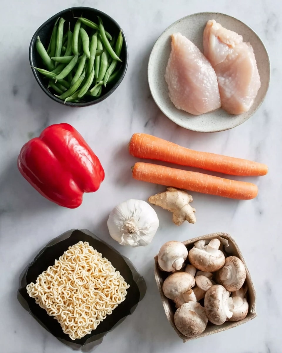 The image shows five main groups of food arranged on a white marbled surface. In the top left corner, a small black bowl holds fresh green beans. Next to it on the right is a white plate with two raw chicken pieces, smooth and pale pink. Below the green beans and chicken, there are two orange carrots lying side by side, showing a rough, fresh texture. To the left of the carrots is a bright red bell pepper with a shiny, smooth skin. Below these, in the bottom left corner, a small black bowl contains a square block of instant noodles with a pale yellow color and a crinkled texture. To the right of the carrots and bell pepper is a small cardboard container filled with several light brown mushrooms with round caps. In the bottom right corner, there are two garlic cloves with their dry, white skin and a small piece of ginger root with a rough, light brown surface. photo taken with an iphone --ar 4:5 --v 7
