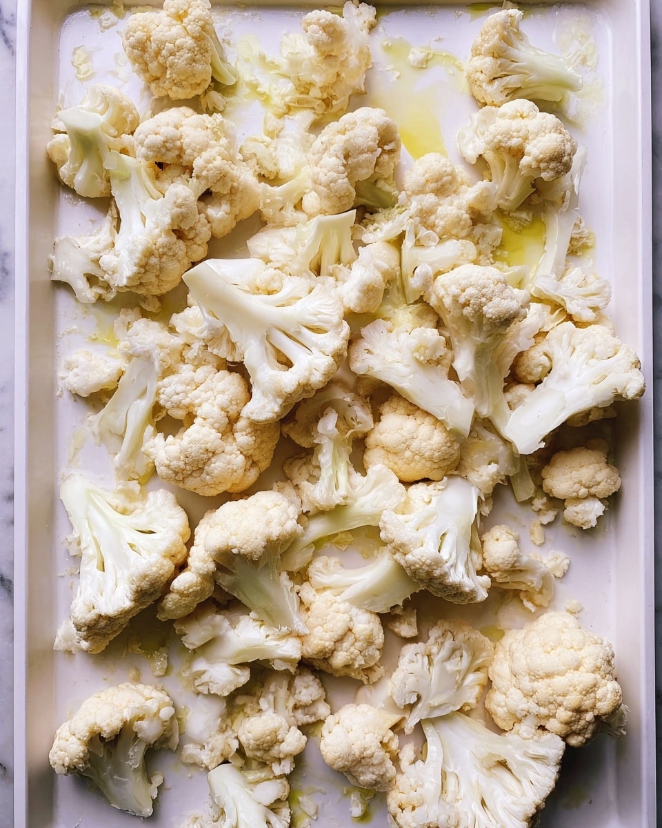 The image shows many pieces of raw cauliflower spread out evenly on a white baking tray. The cauliflower pieces are light cream-colored with some parts showing a slight yellow tint from being drizzled with oil, giving them a soft sheen. The florets vary in size and shape, with the rough bumpy texture clearly visible, and their stems are white and smooth. The tray rests on a white marbled surface. The light is soft, emphasizing the fresh and natural look of the cauliflower. photo taken with an iphone --ar 4:5 --v 7