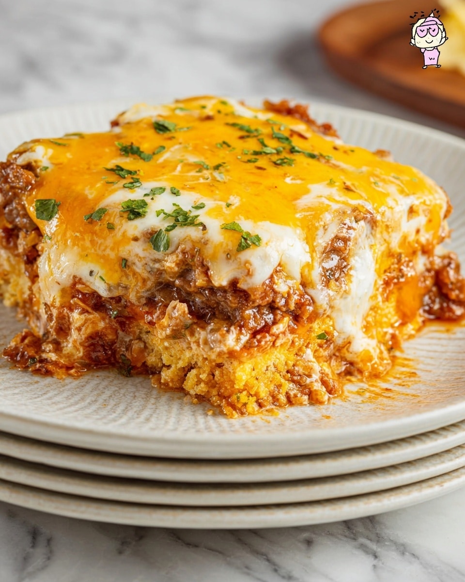 The image shows a close-up of a layered food dish on a white plate with a textured rim, set on a stack of similar plates on a white marbled surface. The dish has three visible layers: the bottom is a golden-brown crumbly base, the middle is a mix of browned meat and tomato sauce with melted white cheese spread unevenly, and the top layer consists of melted bright orange cheese with some small bits of green herbs sprinkled on it. The cheese looks creamy and slightly bubbly, while some parts melt and stretch slightly over the side of the dish. Photo taken with an iphone --ar 4:5 --v 7