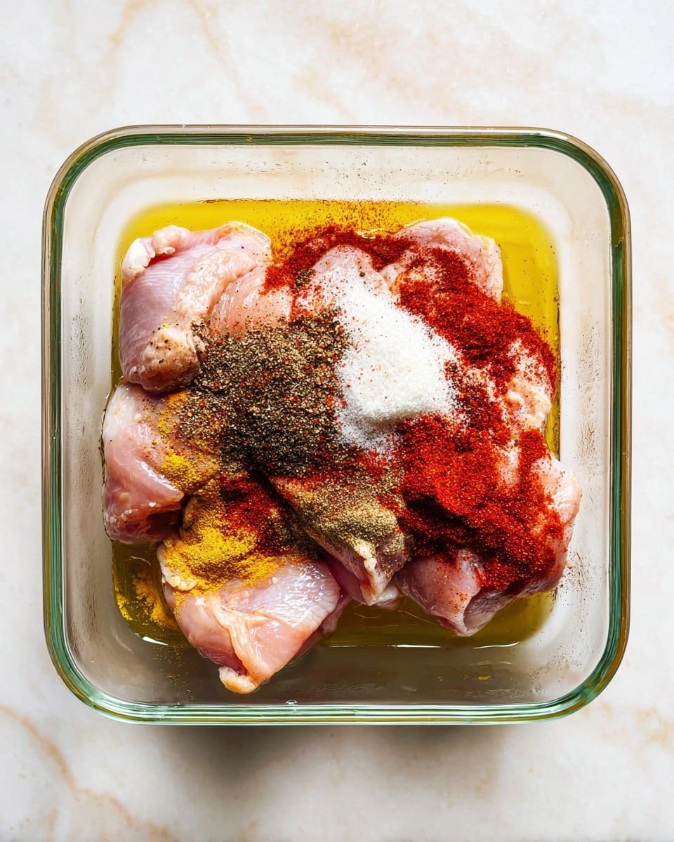 A clear square glass dish holds several pieces of raw pale pink chicken thighs closely arranged. On top of the chicken, there are different layers of dry spices: a dark coarse layer of black pepper near the center, a bright red powder covering a large area mostly to the right and bottom, white granules sprinkled above and to the center-left, and a yellow powder scattered near the left side. The chicken sits in a thin layer of golden oil that pools at the bottom of the dish. The dish is placed on a white marbled surface. Photo taken with an iphone --ar 4:5 --v 7