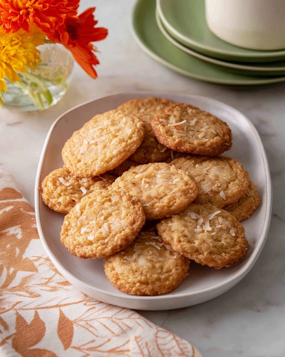 A white oval plate filled with one layer of golden brown cookies that have a slightly rough texture and visible small white flakes, likely coconut, scattered throughout. The cookies are round, overlapping each other in a casual pile. The plate is placed on a white marbled surface with a folded beige cloth nearby that has leaf patterns. To the left, there is a small glass vase with bright orange and yellow flowers and some green leaves, and in the background, there are stacked green plates with a white container to the right. Photo taken with an iphone --ar 4:5 --v 7