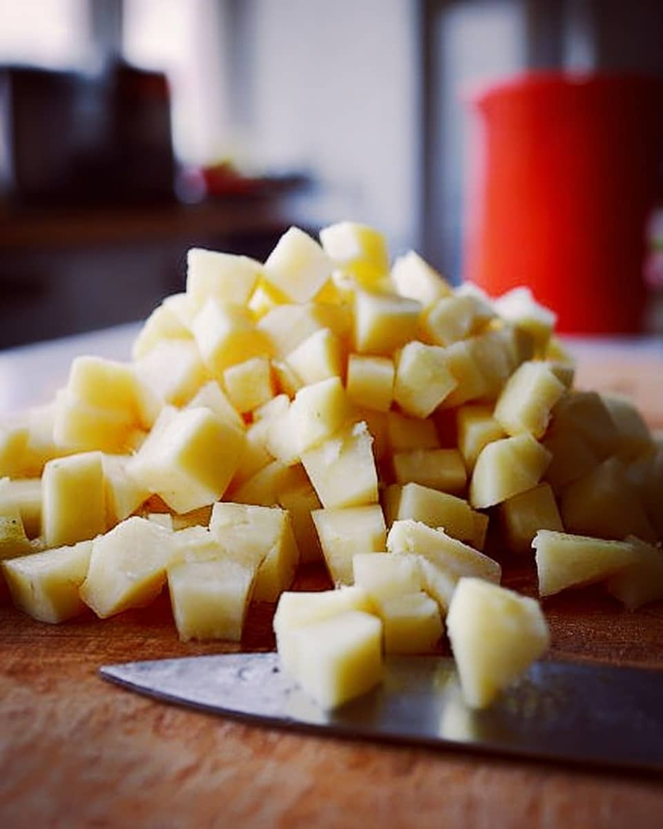 The image shows many small cubes of pale yellow potatoes piled on a wooden board. In front of the pile is a shiny metal knife with more potato cubes on the blade. The background has a blurred red object and parts of a room with neutral colors. The light is soft and natural, highlighting the smooth texture of the potato cubes and the shiny knife. photo taken with an iphone --ar 4:5 --v 7