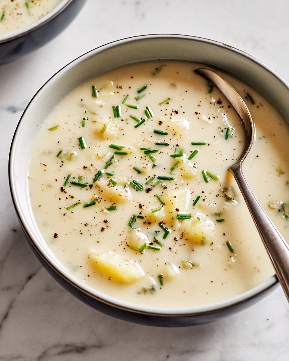 A close-up of a bowl filled with creamy, light beige soup with visible small chunks of potatoes and sprinkled green chives on top. The soup also has small flecks of black pepper scattered across the surface. A silver spoon rests inside the bowl, partially buried in the soup on the right side. The bowl itself is white with a dark outer rim, sitting on a white marbled surface. Photo taken with an iphone --ar 4:5 --v 7