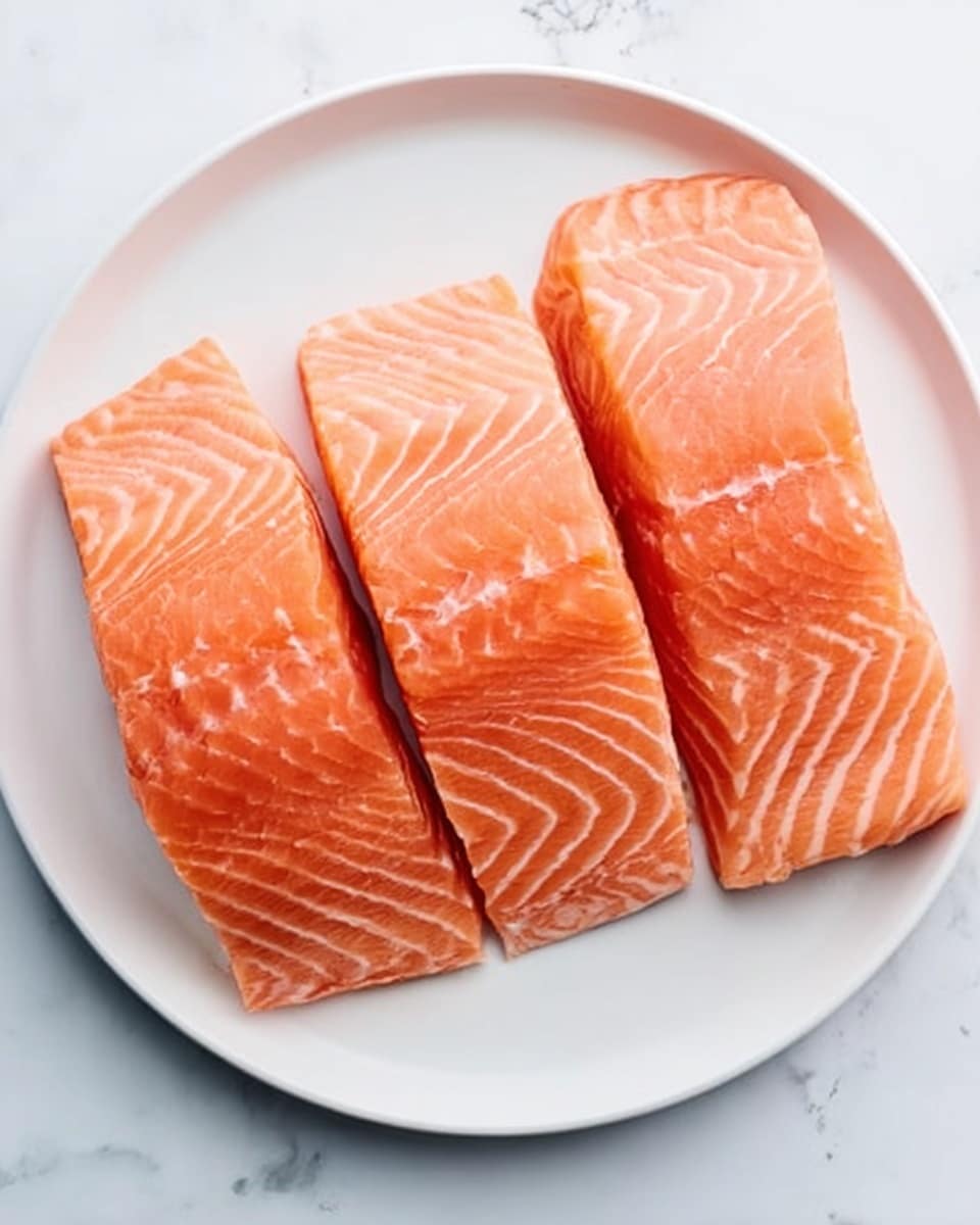 Three raw salmon fillets lie side by side on a large white plate, each with a smooth, slightly shiny surface and bright orange-pink color with faint white lines running through the flesh. The plate sits on a white marbled surface, and the fillets are arranged neatly without overlapping. Photo taken with an iphone --ar 4:5 --v 7