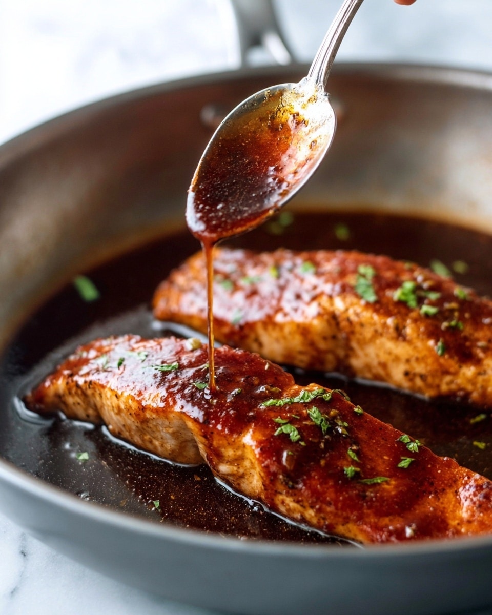 The image shows two thick, golden-brown fillets in a dark pan, covered with a shiny, sticky reddish-brown sauce. The sauce drips from a silver spoon held by a woman's hand above the front fillet. Small bits of green herbs are sprinkled on top of the fillets, adding a fresh color contrast. The pan has a slightly worn look with a smooth grey interior, and a white marbled surface is faintly visible around the edges. The lighting highlights the glossy texture of the sauce and the juicy surface of the fillets. photo taken with an iphone --ar 4:5 --v 7