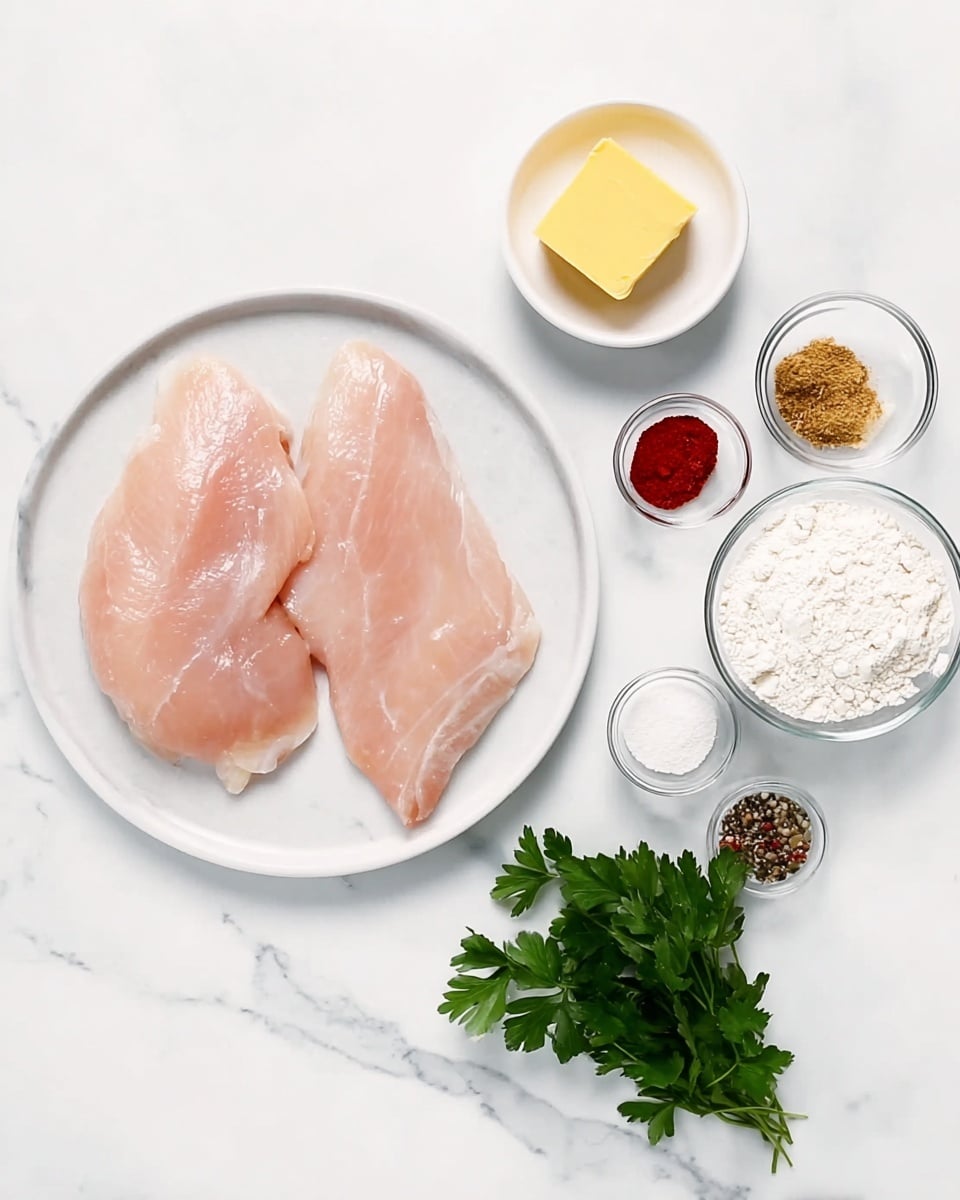 The image shows a white plate with two raw, pale pink fillets placed side by side on the left. To the right on the white marbled surface, there is a small white bowl with a yellow square of butter, a small white bowl containing several spices including red powder, brown granules, white powder, and black seeds arranged in neat piles, a clear small bowl with white flour, and a small bunch of fresh green parsley leaves. The setup is neat and bright, highlighting fresh ingredients on a clean white marbled background. photo taken with an iphone --ar 4:5 --v 7