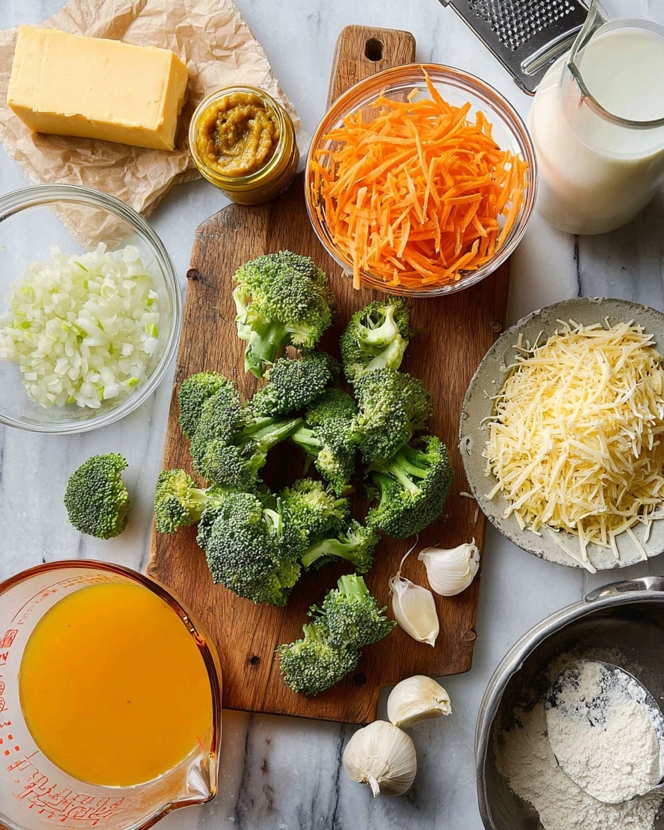 The image shows a cooking setup with many ingredients on a white marbled surface. In the center, there is a wooden cutting board with fresh green broccoli florets scattered on it, along with three garlic cloves near the bottom. On top of the cutting board is a clear glass bowl full of thin, orange carrot strips. Above the board is a small jar of yellow mustard or curry paste. To the left of the board are a clear bowl of diced onions, a wrapped stick of butter with some pieces cut off, a round white plate holding a block of yellow cheese and freshly shredded cheese beside a metal grater. At the top right corner, part of a metal pan is visible next to a glass filled with white milk. Near the bottom left is a clear measuring cup filled with orange broth or juice. At the bottom right edge, there is a small clear bowl with white flour. The scene is bright and calm, showing ingredients ready for cooking. Photo taken with an iphone --ar 4:5 --v 7