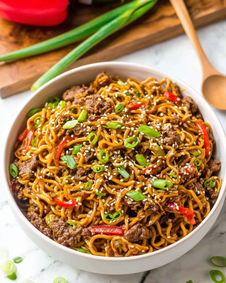 A white bowl filled with a mix of brown noodles and small pieces of cooked meat, with thin strips of red bell pepper mixed in. The dish is topped with small green onion slices and white sesame seeds, scattered evenly over the top. The bowl is placed on a white marbled surface with a red bell pepper and fresh green onions in the background, along with a wooden spoon nearby. photo taken with an iphone --ar 4:5 --v 7