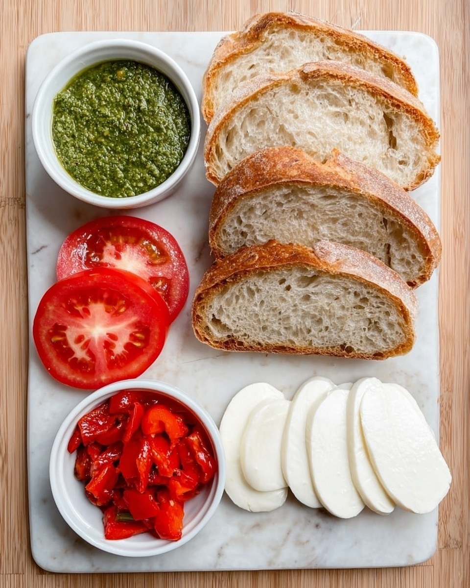 The image shows a white marbled cutting board with three slices of light brown crusty bread stacked on the top right. Below the bread, on the right bottom side, there are four oval slices of white mozzarella cheese arranged in a small pile. In the bottom center, there is a small white bowl filled with pieces of bright red roasted peppers. To the left of the bowl, five round slices of fresh red tomato are fanned out. At the top left corner of the cutting board, there is a small white bowl filled with green pesto sauce. The cutting board rests on a light wooden surface. Photo taken with an iphone --ar 4:5 --v 7