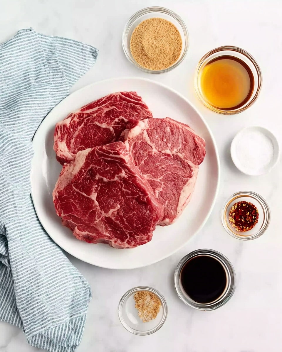 A white plate sits on a white marbled surface, holding two large raw red steaks with white marbling. Surrounding the plate are five small glass bowls with different ingredients: light brown sugar in one, golden honey in another, dark soy sauce in a small bowl, a small amount of red chili flakes in a tiny bowl, and a small amount of white ginger powder in another. A folded light blue and white striped cloth is placed to the left side. The overall arrangement looks clean and organized, ready for cooking. photo taken with an iphone --ar 4:5 --v 7