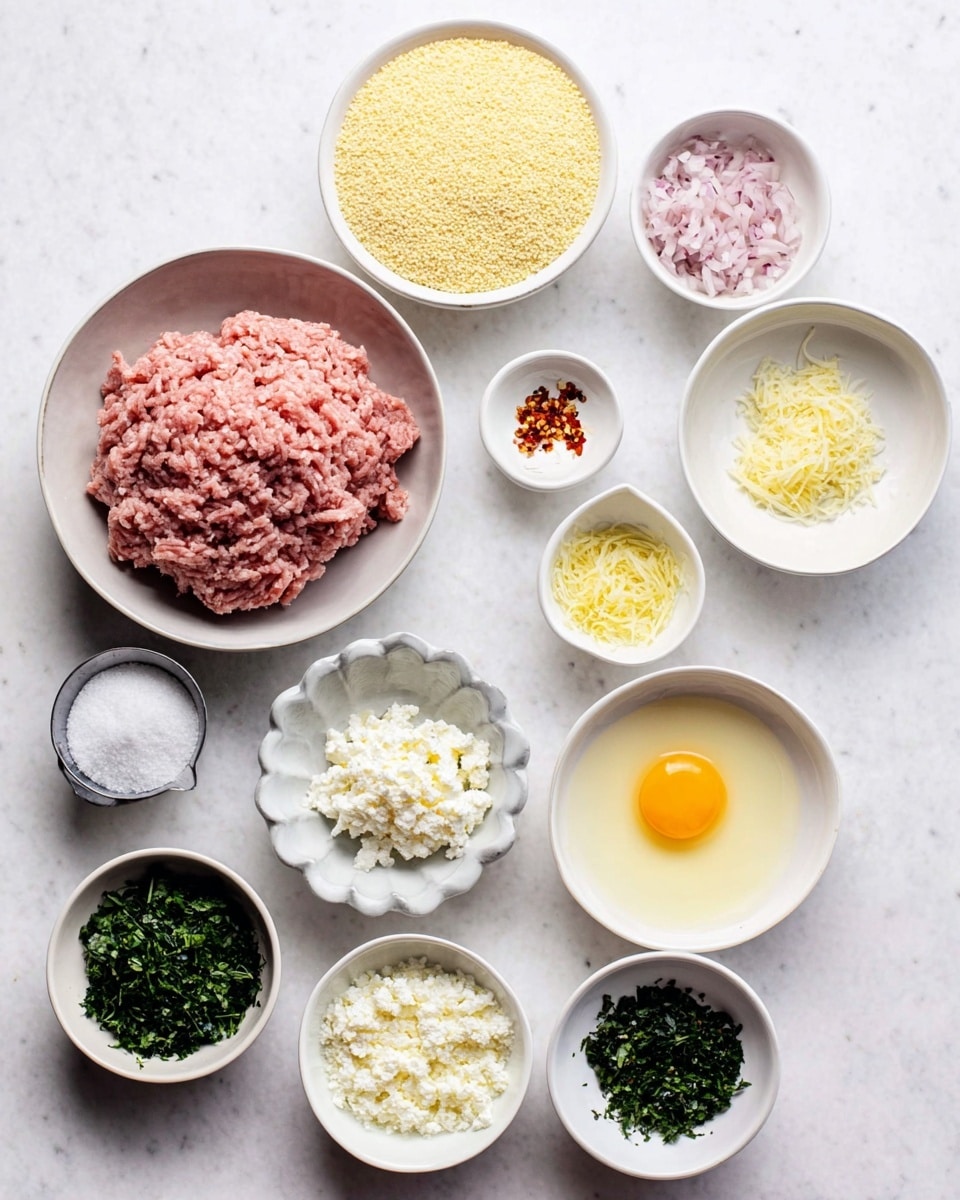 A top view of multiple white bowls arranged on a white marbled surface, each holding different ingredients. The largest bowl at the bottom left contains pink minced meat with a soft texture. To its top left is a medium-sized bowl filled with light yellow breadcrumbs. Around these are smaller bowls: one with chopped light pink onions, one with finely grated yellow lemon zest, one with small red chili flakes, one with soft chopped garlic, one with a raw egg yolk in a white fluted bowl, one with thick white cottage cheese, one with finely chopped dark green herbs, another with a different type of chopped green herb, a small measuring cup with white grated cheese, and a small bowl with white salt crystals. The bowls and their contents show a variety of soft, powdery, and leafy textures in neutral to vibrant colors. Photo taken with an iphone --ar 4:5 --v 7
