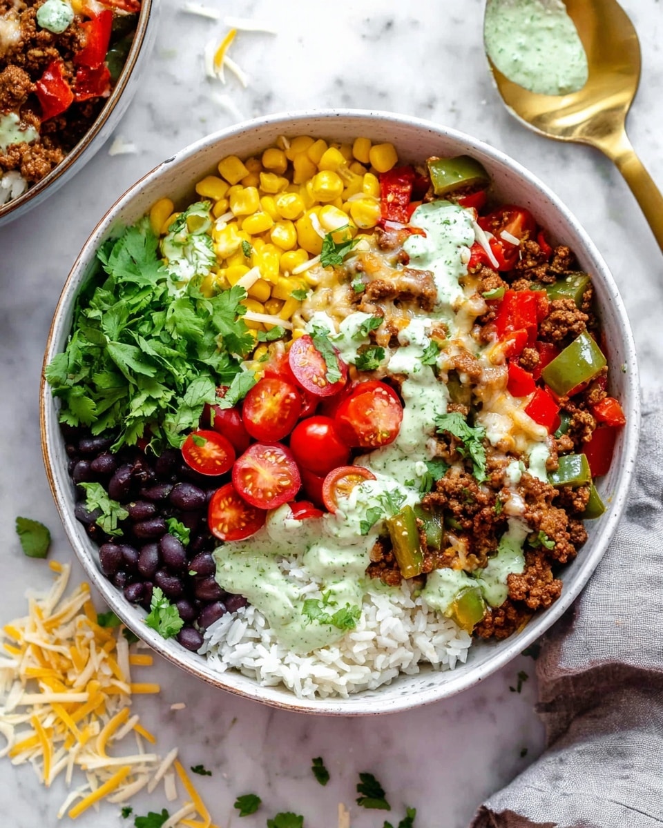 A white bowl filled with layers of food is shown on a white marbled surface. The bottom layer is white rice, topped with bright yellow corn on one side and black beans on the other. There is a layer of chopped fresh green cilantro near the top center. Cherry tomatoes, bright red and halved, are placed above the rice and cilantro. The largest section features cooked ground meat mixed with diced red and green bell peppers, covered lightly with melted cheese. A creamy green sauce is drizzled over the meat and tomatoes. A golden spoon with some sauce rests behind the bowl, and scattered shredded cheese bits are visible near the top. photo taken with an iphone --ar 4:5 --v 7