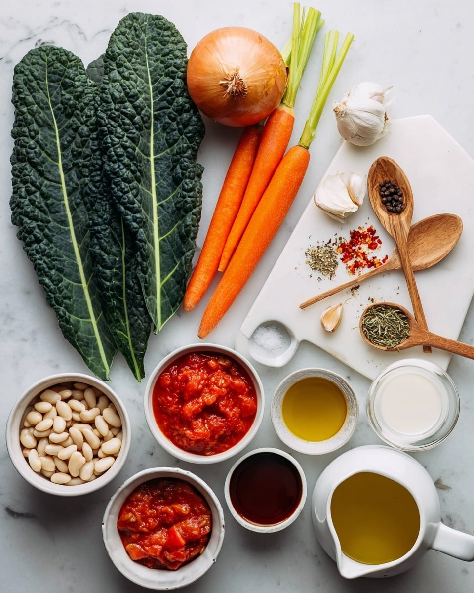 A flat lay of ingredients arranged on a white marbled surface includes three long dark green kale leaves on the left, two orange carrots with green tops above celery stalks, and a round brown onion above them. To the right, a white cutting board holds a wooden spoon with black pepper, a smaller spoon with salt, a wooden spoon with dried herbs, three garlic cloves, and a white spoon holding red pepper flakes. Below are small white bowls with white beans, bright red tomato paste, golden yellow olive oil, a bowl of chunky red tomatoes, a white bowl with a smooth white liquid, and a small white pitcher filled with a golden liquid. The items are spread out evenly, showing clear texture and vibrant colors. photo taken with an iphone --ar 4:5 --v 7