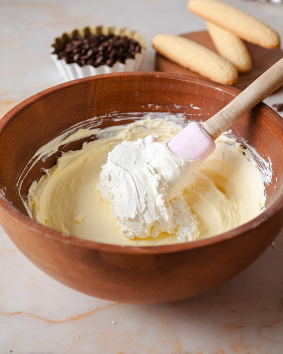 A large wooden bowl holds two visible layers of creamy mixtures: the bottom layer is pale yellow and smooth with a slightly thick texture, while the top layer is white and fluffy, sitting thick on the yellow layer. A pink spatula is partially submerged in the mixture, leaning against the side of the bowl with some white cream on it. In the blurred background, there are three light brown ladyfinger biscuits and a small white tart tin filled with dark coffee beans resting on a white marbled surface. photo taken with an iphone --ar 4:5 --v 7