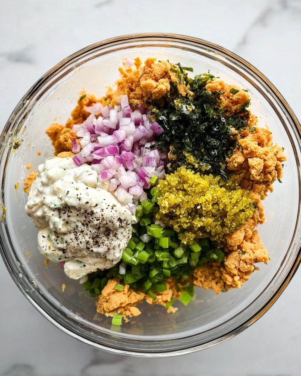 A large clear glass bowl sits on a white marbled surface, filled with several unmixed ingredients stacked in layers. At the base, there is a crumbled light orange textured layer that resembles mashed beans or lentils. On one side, there is a generous dollop of creamy white mayo sprinkled with black pepper. Next to it, finely chopped red onions are scattered, showing small purple and white pieces. Beside the onions, bright green diced celery adds a fresh crunchy texture. Above the celery, there is a dark green layer, possibly seaweed or finely chopped herbs. On top of the orange base, near the green layer, lies a layer of yellow pickles or chopped relish, finely spread. The ingredients are unblended, each layer maintaining its own color and texture. Photo taken with an iphone --ar 4:5 --v 7