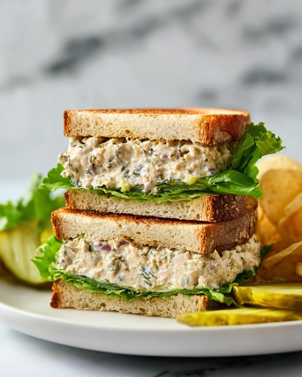 The image shows a sandwich made of two pieces of toasted bread, stacked in two layers. Inside each layer, there is a creamy white filling mixed with small pieces of herbs and vegetables, giving it a textured look with green and purple bits. Below the filling, there is a layer of fresh green lettuce leaves that add a crisp touch. The sandwich is placed on a white plate with some potato chips and pickle slices on the side. The background features a white marbled surface, making the sandwich the main focus of the image. photo taken with an iphone --ar 4:5 --v 7
