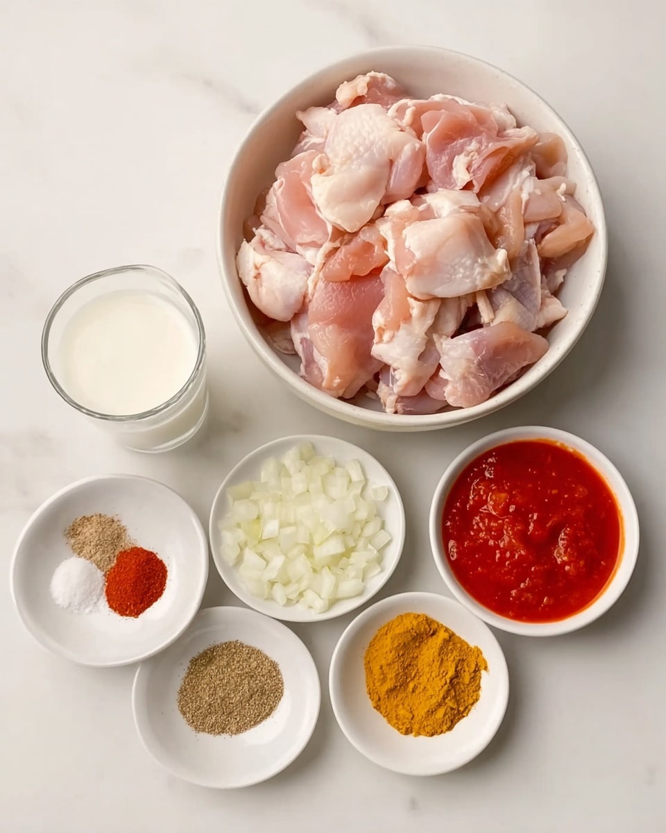 The image shows a white bowl filled with raw, skinless chicken pieces placed at the top center on a white marbled surface. Below this bowl, there is a clear glass cup filled with milk on the left, and four small white bowls arranged in a semi-circle. The first small bowl on the left contains a mix of ground spices including paprika and salt, the next one has a small amount of light brown spice powder, the middle bowl holds finely chopped white onions, the fourth bowl is filled with bright red tomato sauce, and the fifth, to the right of the onions, contains a yellow curry powder. The colors are soft and natural, and the bowls have a clean, simple design. Photo taken with an iphone --ar 4:5 --v 7