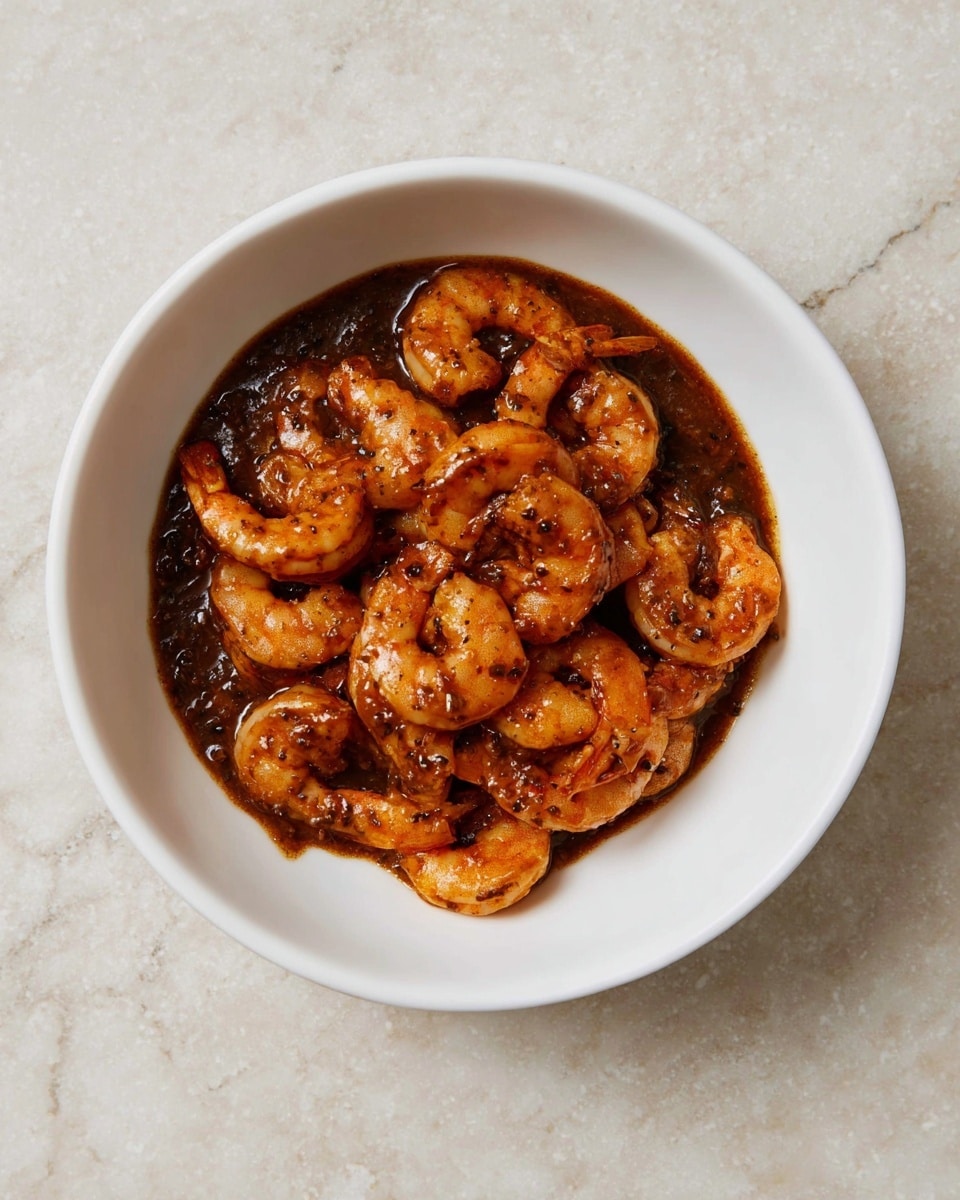 A white bowl filled with a single layer of small shrimp coated in a thick dark brown sauce, sitting on a white marbled surface. The shrimp are arranged to show their curved shapes and smooth textures, with the sauce pooling slightly under them, creating a rich and glossy look. The bowl sits centered in the frame with no additional elements around it, highlighting the shrimp dish clearly. photo taken with an iphone --ar 4:5 --v 7