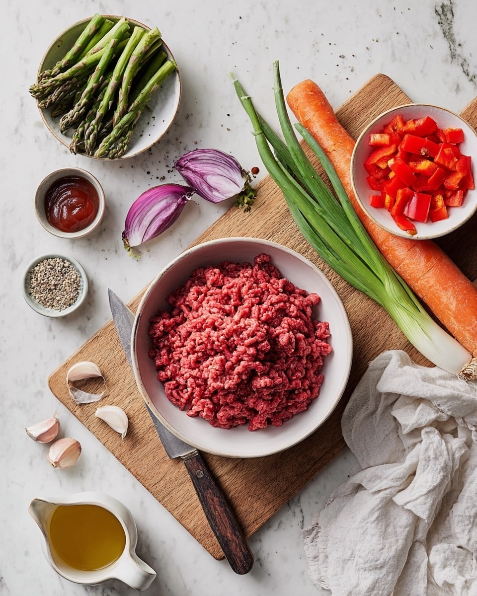 A white bowl filled with bright red ground meat sits in the center of a wooden cutting board. To the top left of the bowl, a white bowl holds cut green asparagus pieces with purple tips. Above the meat bowl, a smaller white bowl is filled with diced red bell peppers. To the right side of the meat bowl, long green spring onions rest next to a whole purple onion and an orange carrot. Surrounding the cutting board are small beige bowls containing coarse salt and black pepper, mustard seeds, and dark red tomato sauce. A small white pitcher with light golden broth is on the bottom left on a white marbled surface along with some loose garlic cloves scattered near a woman's hand holding a knife with a wooden handle resting on the cutting board. A crumpled white cloth napkin lies on the bottom right. The photo taken with an iphone --ar 4:5 --v 7