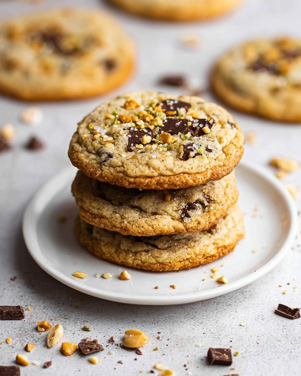 A stack of three golden-brown chocolate chip cookies sits on a plain white plate, each cookie showing a soft texture with uneven edges and embedded pieces of dark chocolate and chopped nuts that add small pops of green and light brown colors. The top cookie is sprinkled with small nut bits and sea salt crystals, giving a slightly rough and inviting surface. Around the plate on a white marbled texture background are scattered chocolate chunks, crushed nuts, and cookie crumbs, adding a sense of casual, fresh baking. More cookies are slightly blurred in the background, suggesting abundance. photo taken with an iphone --ar 4:5 --v 7