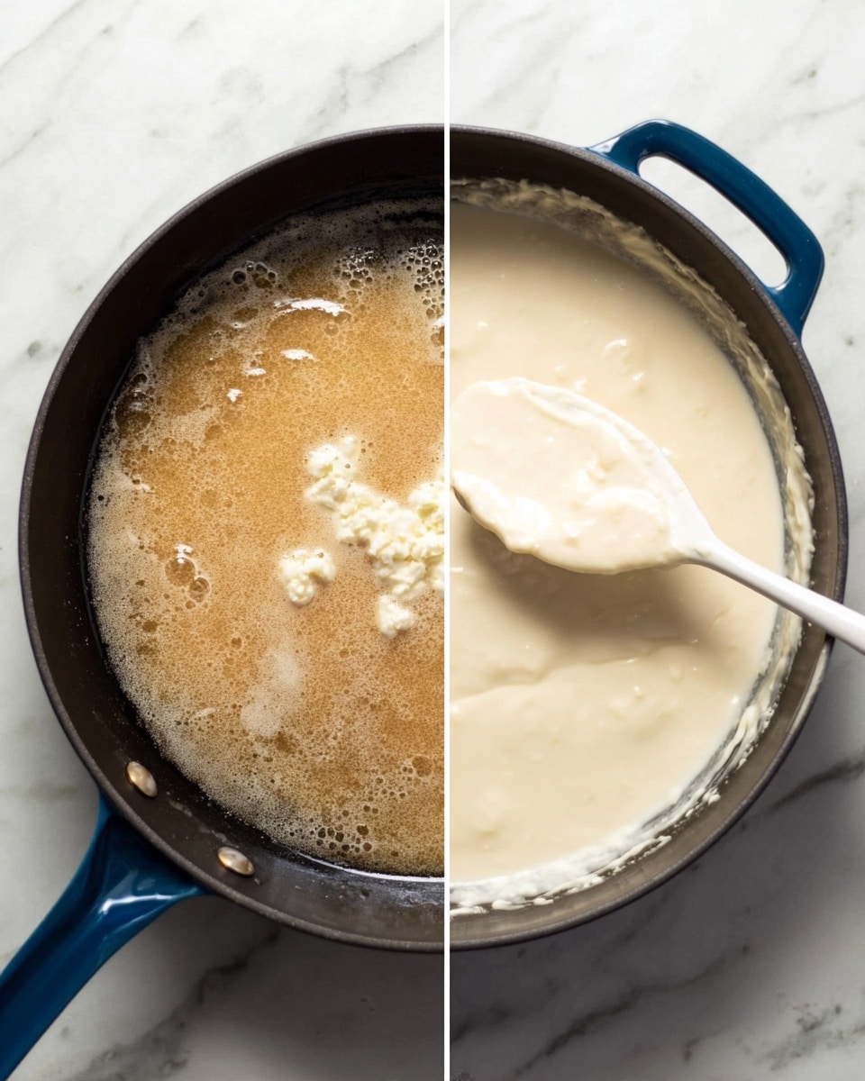 A deep black pan with a blue handle sits on a white marbled surface. On the left side, inside the pan, there is a clear light brown liquid bubbling, with small white clumps floating in the center. On the right side, the same pan shows a smooth, creamy white liquid with small patches of light brown on the surface, and a white spoon rests inside the pan spreading the liquid. The lighting is bright and natural, highlighting the texture differences between the two sides. photo taken with an iphone --ar 4:5 --v 7