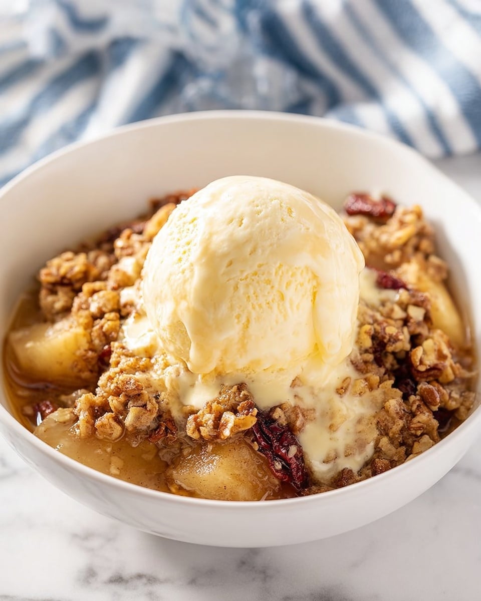 A white bowl filled with a warm dessert that has three obvious layers: the bottom layer with soft cooked fruit pieces in a light brown sauce, the middle crunchy nut mixture with clusters of pecans and oats in a golden brown color, and a large round scoop of creamy light yellow ice cream placed on top, slightly melting around the edges and creating a smooth texture contrast. The bowl sits on a white marbled surface with a partially visible blue and white striped cloth in the background. photo taken with an iphone --ar 4:5 --v 7