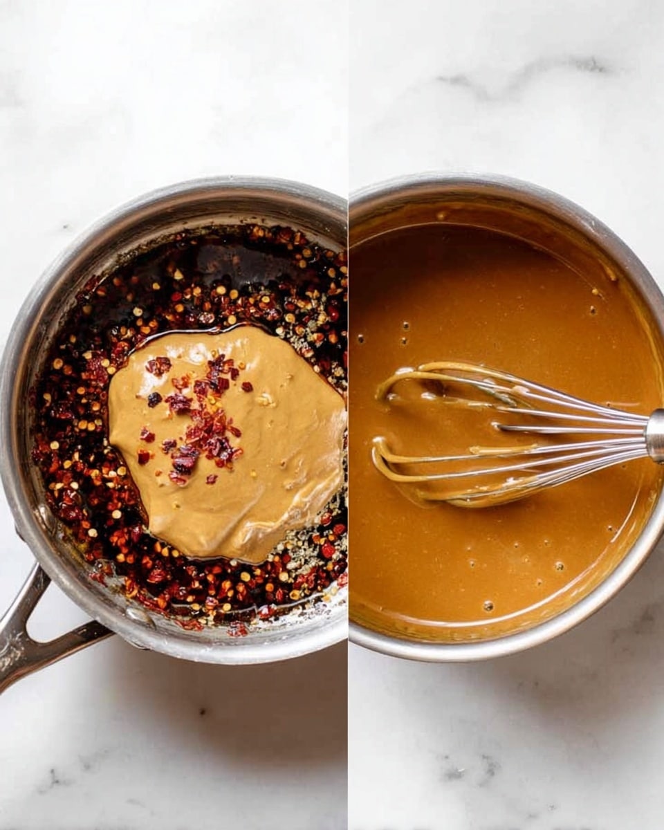 The image shows two metal saucepans on a white marbled surface side by side. The left saucepan has three layers: the bottom layer is a dark slick liquid mixed with red chili flakes and tiny bits of other spices, the middle layer is a thick creamy tan-colored paste sitting on the liquid, and there are some red chili flakes sprinkled on the top of the creamy paste. The right saucepan holds a smooth, shiny caramel-colored sauce with a metal whisk inside it, the sauce appearing to be thick but flowing, filling the pan almost to the top. photo taken with an iphone --ar 4:5 --v 7