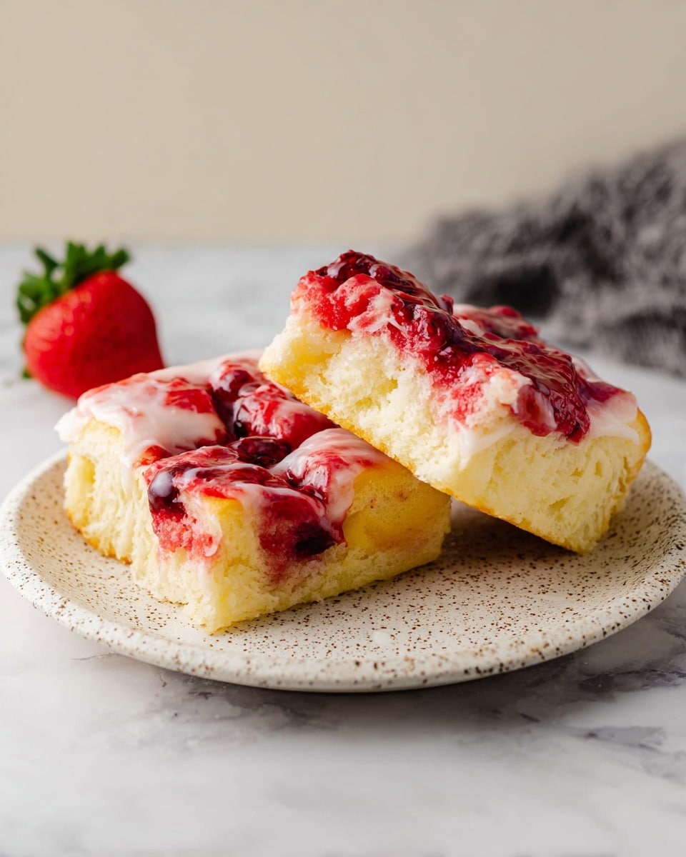 Two square pieces of soft, light yellow dough with a fluffy texture are stacked on a white speckled plate. The dough is topped with a thick layer of shiny white glaze mixed with vibrant red and pink berry sauce that has a slightly chunky texture. One piece is lying flat while the other leans against it, showing the inside texture. In the background, there is a fresh red strawberry and a folded gray cloth on a white marbled surface. Photo taken with an iphone --ar 4:5 --v 7
