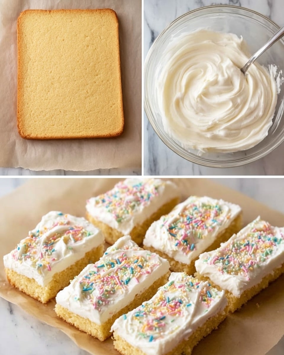 The image shows a step-by-step of making a frosted cake bar. The first part displays a rectangular golden cake layer with a light, slightly textured surface on parchment paper. The second part has a clear bowl filled with smooth, creamy white frosting that has soft swirls on top. In the third part, a large dollop of the white frosting is placed on the corner of the cake layer, ready to spread. The last part shows multiple rectangular cake bars, evenly spaced, each covered with a thick layer of white frosting topped with colorful sprinkles. All items are on a white marbled surface. photo taken with an iphone --ar 4:5 --v 7