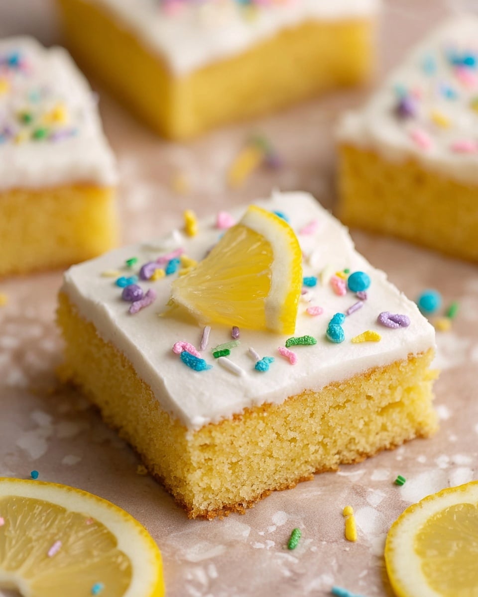 The image shows one square piece of yellow cake with a soft texture as the bottom layer. On top, there is a smooth white frosting layer, decorated with small colorful sprinkles in blue, pink, green, and yellow. A small wedge of bright yellow lemon with visible pulp rests on the frosting near the corner. The cake is placed on a light brown surface with a white marbled texture in the background. Pieces of other cakes and lemon slices are slightly visible around. Photo taken with an iphone --ar 4:5 --v 7