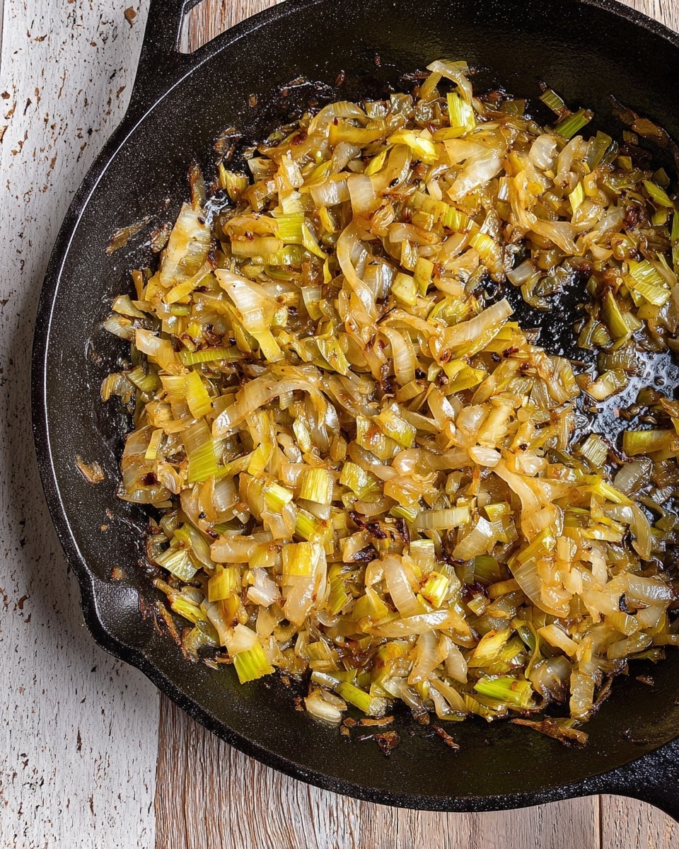 The image shows a black cast iron skillet filled with light brown and golden cooked chopped onions and leeks, glistening with oil. The onions and leeks are soft with some bits slightly darker, indicating caramelization. The skillet has a rustic look with some oil and caramelized bits stuck on the sides. The skillet is placed on a wooden surface replaced with a white marbled texture. photo taken with an iphone --ar 4:5 --v 7