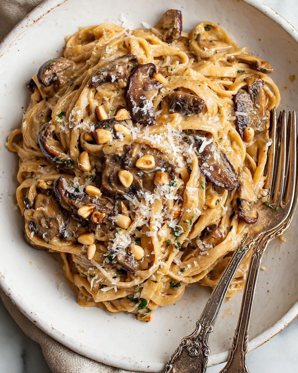 A white plate filled with creamy pasta layered with flat, light beige noodles mixed with brown sautéed mushroom slices scattered evenly. The pasta is coated in a smooth tan sauce with small bits of onion, and topped with golden pine nuts and white grated cheese sprinkled all over. Two vintage silver forks rest on the right side of the plate, which is set on a white marbled surface. photo taken with an iphone --ar 4:5 --v 7