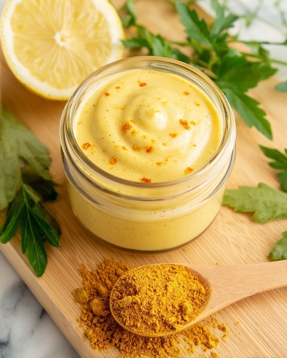 A small glass jar filled with a smooth, creamy yellow sauce with tiny orange specks swirled on the surface. The jar sits on a light wooden board with a bright yellow lemon wedge on the left and green leafy herbs on the right. Below the jar, there is a wooden spoon holding a heap of fine golden-yellow powder with some spilled on the board. The background is a white marbled texture. Photo taken with an iphone --ar 4:5 --v 7