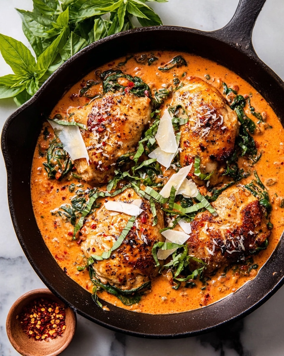 The image shows a black cast iron pan filled with four golden-brown grilled chicken pieces sitting on top of a thick, creamy orange-red sauce mixed with visible pieces of spinach. The chicken is topped with green torn basil leaves, scattered red pepper flakes, and thin white shavings of cheese. Nearby, a small light brown bowl holds extra red pepper flakes, and fresh green basil leaves rest on a white marbled surface in the background. The colors mix vibrant greens with warm oranges and browns, creating a rich, fresh look that contrasts with the black pan and white marbled background. photo taken with an iphone --ar 4:5 --v 7