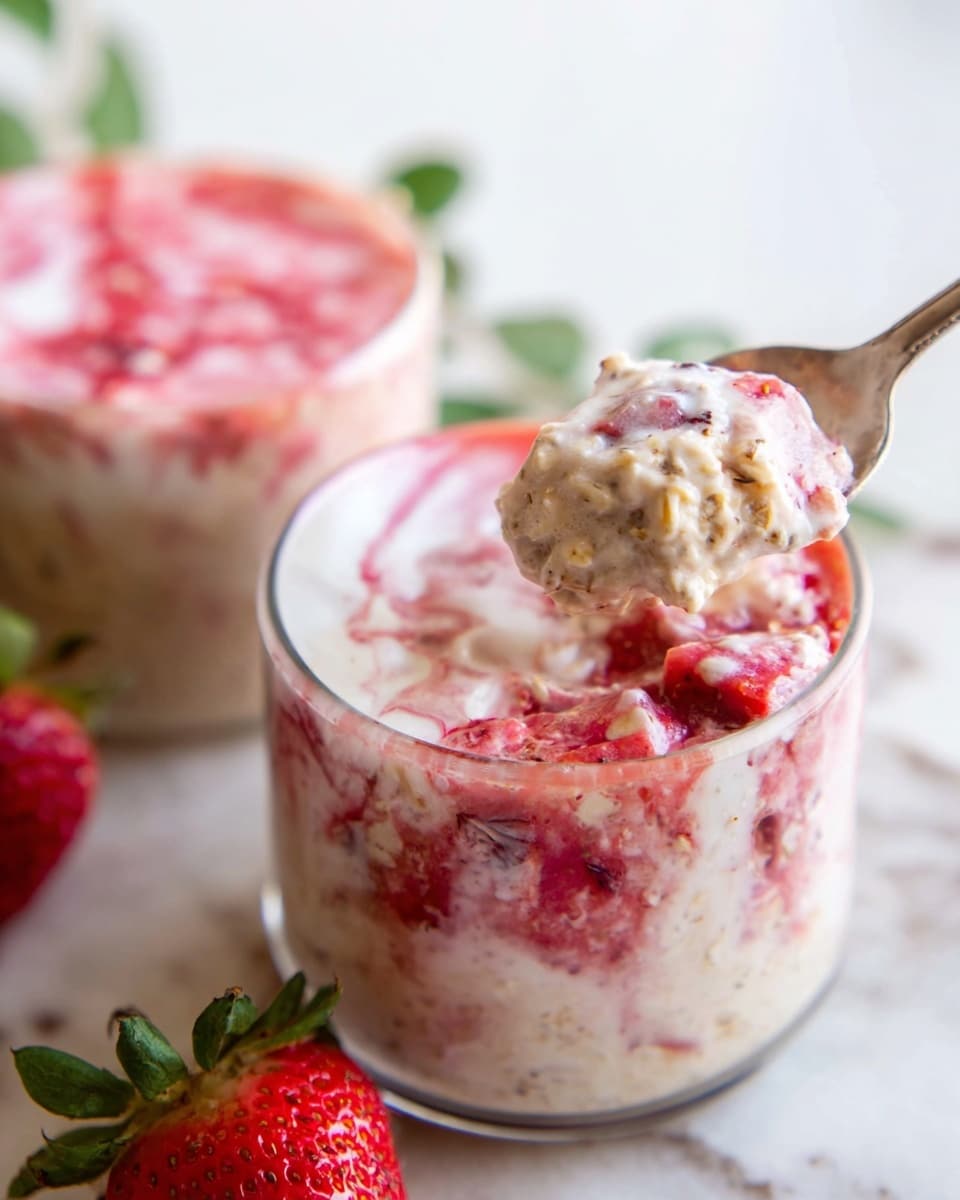 Two clear glass cups sit on a white marbled surface, each filled with a creamy mixture that has visible layers. The base layer is light beige with grains and seeds visible, topped with a thick white creamy layer swirling with bright pink-red strawberry chunks and juice, creating a marbled effect on top. A silver spoon inside one cup lifts a portion of the grainy beige base mixed with the creamy pink layer. Part of a fresh strawberry is visible next to the cups with green leaves in the background. Photo taken with an iphone --ar 4:5 --v 7