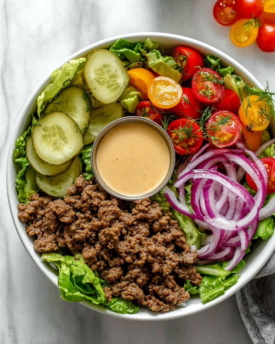 A white bowl filled with a colorful salad sits on a white marbled surface. The bottom layer is green leafy lettuce, topped with crumbled cooked brown ground meat on one side. To the left, there are several round pale green pickle slices, above them bright red and orange cherry tomato halves sprinkled with green dill. On the right side, thin rings of purple-red onion rest on top of the lettuce. A small metal cup of creamy light orange dressing is placed near the onions inside the bowl. The overall scene is bright with fresh and vibrant colors. photo taken with an iphone --ar 4:5 --v 7