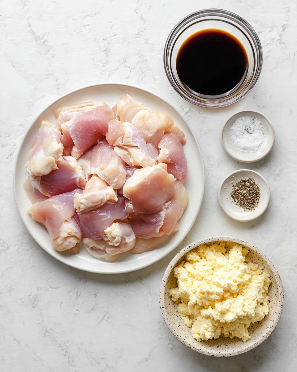 A round white plate holds about eight pieces of raw pale pink chicken with some white fat attached, arranged loosely and overlapping slightly in the center. Above the plate, there is a clear round glass bowl filled with a dark soy-colored liquid. To the left of the plate, a small white bowl contains a mix of white salt and black pepper placed side by side. Below the plate, a speckled off-white bowl is filled with a crumbly mixture of mashed pale yellow potatoes or cheese. The items are set on a white marbled surface with subtle gray veins. Photo taken with an iphone --ar 4:5 --v 7