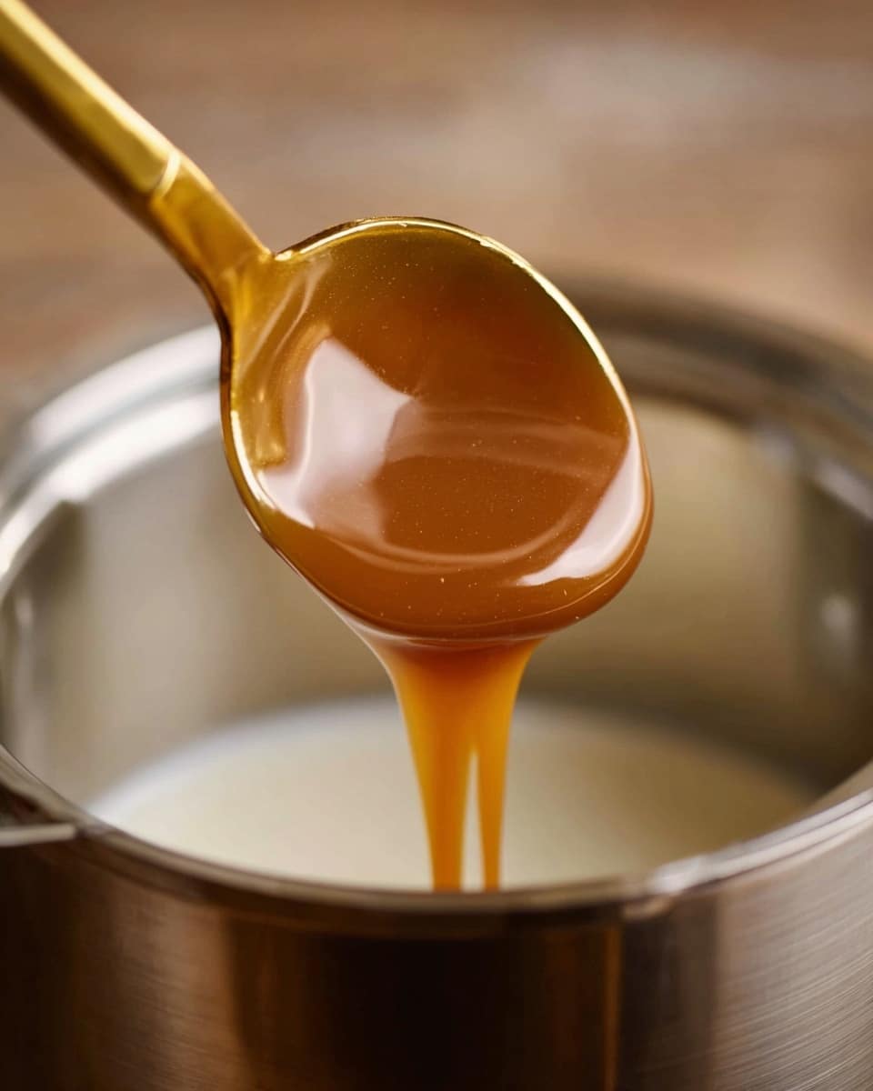 A close-up image shows a shiny golden spoon held above a silver pot filled with white liquid. The spoon contains thick, smooth, amber-colored caramel sauce slowly flowing down into the pot. The background is soft and blurred, highlighting the rich, glossy texture of the caramel and the clean, metallic surface of the pot. Photo taken with an iphone --ar 4:5 --v 7