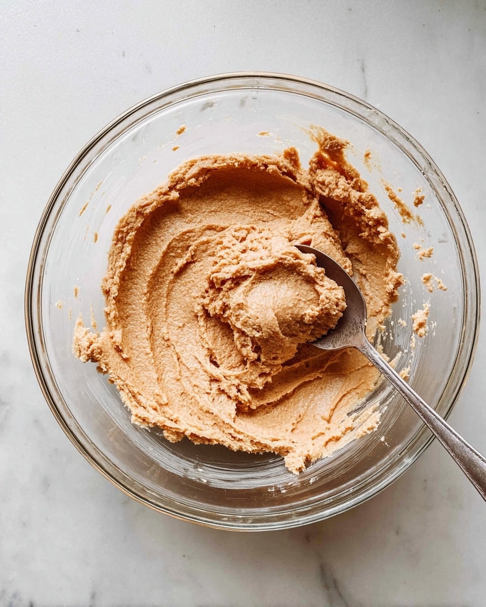 A clear glass bowl sits on a white marbled surface, filled with a single layer of thick, light brown dough that has a textured, slightly rough surface. A silver spoon is partially buried in the dough on the right side of the bowl, lifting some of the dough and showing its sticky, creamy consistency. The bowl is round with smooth edges, and there are small smears of dough on the inside sides. The photo is taken from above, showing the bowl and dough clearly. photo taken with an iphone --ar 4:5 --v 7
