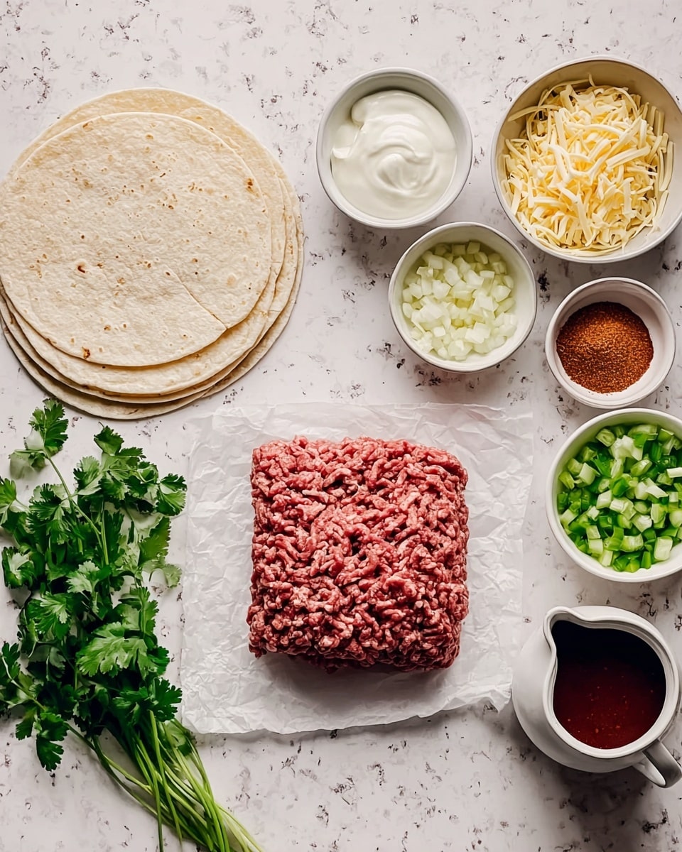 A white marbled surface holds several ingredients arranged neatly. In the center is a block of raw ground meat on white parchment paper with a rich red color and soft texture. To the left, there are three white tortillas stacked in a pile next to a white bowl full of shredded cheese, pale yellow with a soft texture. Above the cheese is a small white bowl of sour cream, smooth and white, and beside it is a small white bowl of chopped green peppers, bright green and fresh. To the right of the meat, there is a white bowl filled with chopped onions, white and slightly translucent, and above it a small white bowl with minced garlic, light yellow and fine. Above the garlic is a small white bowl with a reddish-brown spice mix, powdery in texture. On the far right, there is a white jug filled with a dark red sauce, smooth and glossy, and behind it a bunch of fresh green cilantro leaves. photo taken with an iphone --ar 4:5 --v 7