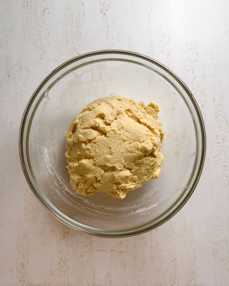 A clear glass bowl holds a single ball of dough with a smooth but slightly crumbly texture. The dough is pale yellow in color and fills the middle area of the bowl, resting against the sides with soft edges. The bowl sits on a white marbled surface that shows faint veins and a bright, clean look. Photo taken with an iphone --ar 4:5 --v 7