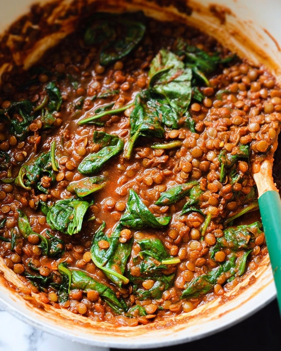 The image shows a close-up of a white pot filled with thick brown lentils cooked in a rich sauce with some green leafy vegetables mixed throughout. The lentils have a soft, textured appearance with a reddish-brown color, while the green leaves stand out with their fresh, slightly wilted look. A green spatula is partially visible on the right side, stirring the mixture. The white marbled surface beneath the pot is faintly visible at the bottom edge. The overall impression is warm and hearty, with a mix of earthy colors and moist textures photo taken with an iphone --ar 4:5 --v 7