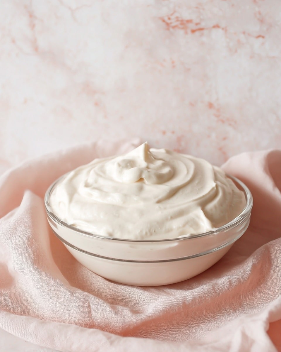 A clear glass bowl filled with a thick, smooth layer of creamy white sauce with soft swirls on top, placed on a soft pink surface with a slightly wrinkled white cloth draped behind it, all set against a white marbled texture background photo taken with an iphone --ar 4:5 --v 7