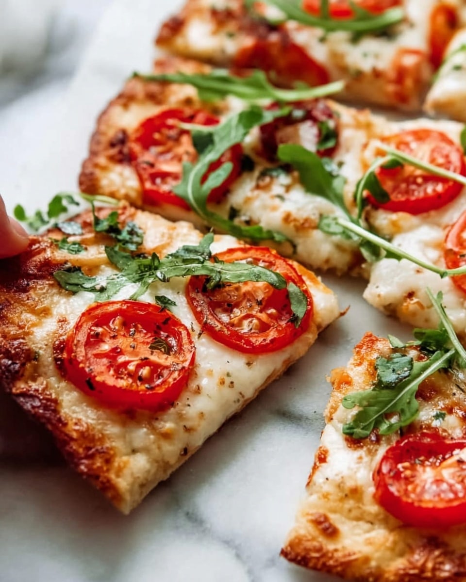 The image shows a close-up of slices of flatbread pizza on a white marbled surface. The base layer is a golden-baked flatbread crust with a slightly uneven texture. On top, there is a melted layer of white cheese that appears soft and bubbly. Slices of bright red tomatoes with some seeds visible are placed evenly across the surface. Fresh green arugula leaves are scattered on top, adding a fresh, leafy texture and vibrant color contrast. A woman's hand is holding one slice, lifting it slightly above the surface. The photo taken with an iphone --ar 4:5 --v 7