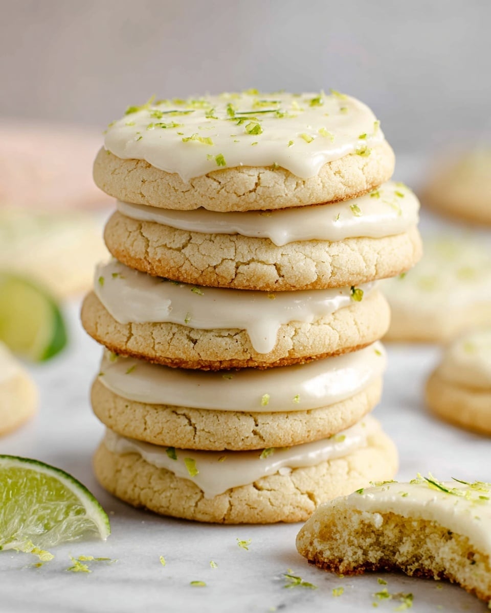 A stack of five round cookies with light beige, cracked textures is shown on a white marbled surface. Each cookie has a smooth, creamy white frosting layer on top, with small bits of green zest sprinkled evenly over the top cookie. The frosting layers slightly drip over the edges of the cookie layers below. To the right, a cookie with a bite taken out reveals a soft crumb inside. There are small green zest pieces scattered around the cookies, with a lime wedge visible in the lower left corner. In the background, more cookies and lime pieces are softly blurred. photo taken with an iphone --ar 4:5 --v 7