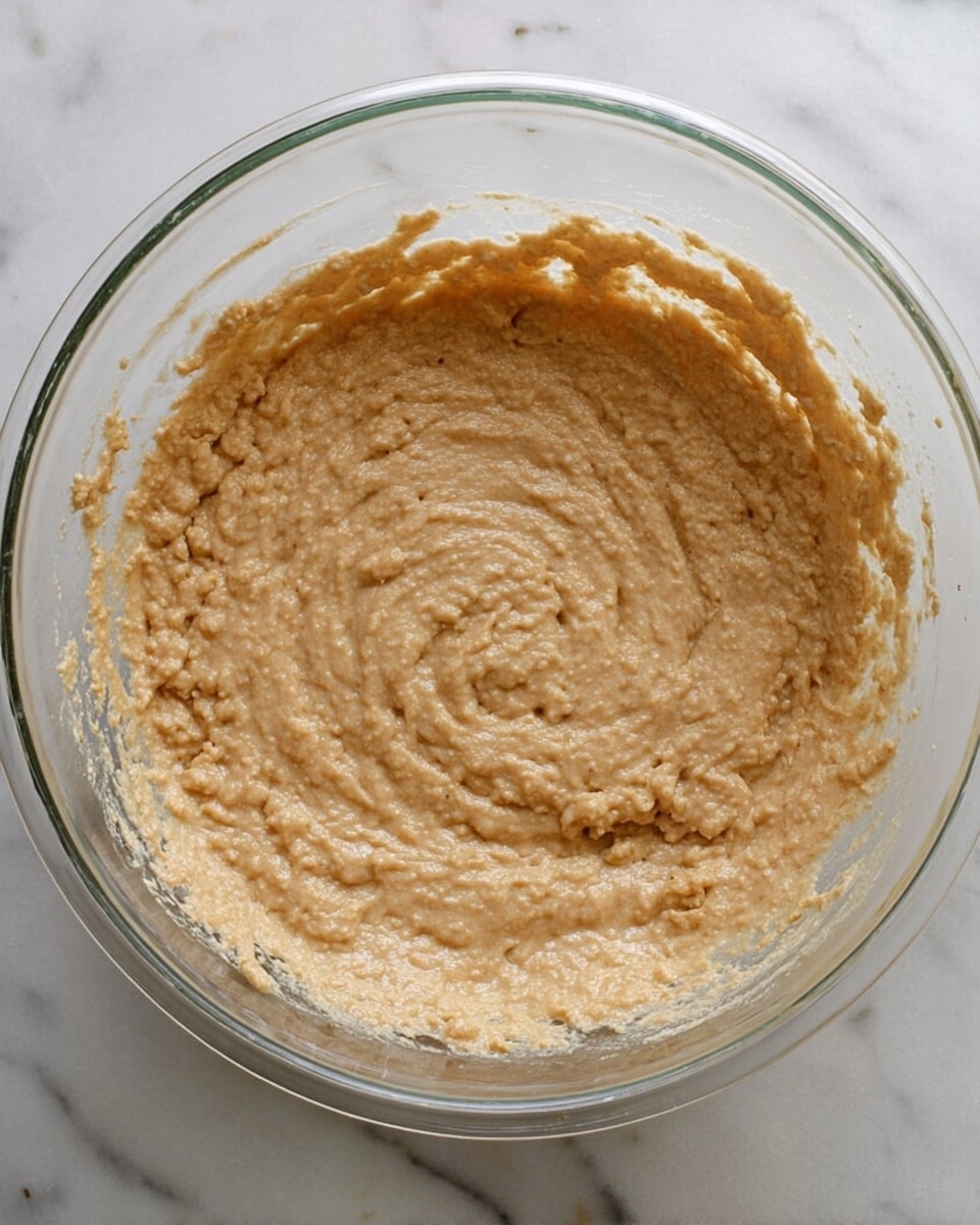 A clear glass bowl filled with a thick, light brown batter that has a slightly lumpy texture. The batter is spread evenly inside the bowl, with some batter residue around the edges. The bowl sits on a white marbled surface, and the light reflects softly off the smooth batter surface, showing its moist texture. photo taken with an iphone --ar 4:5 --v 7