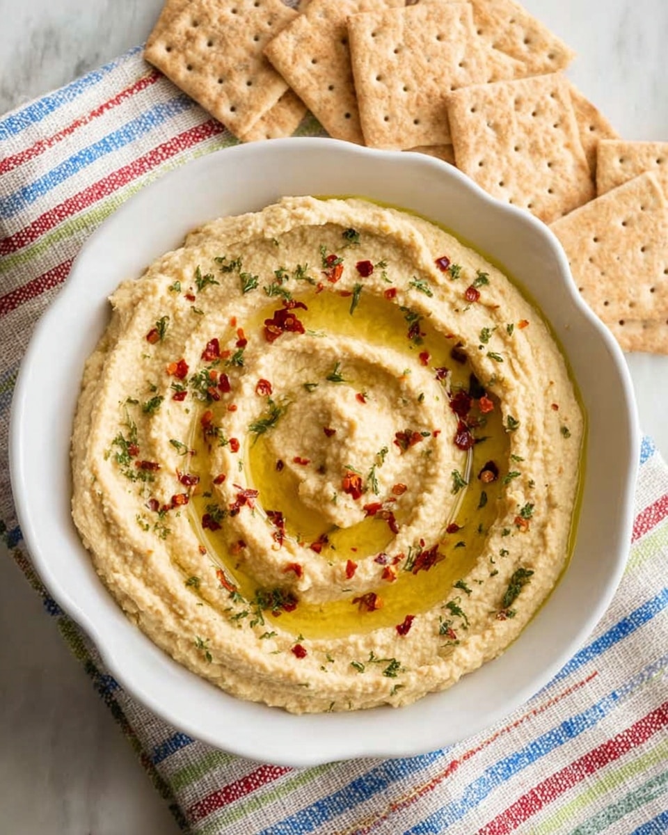 A white bowl sits on a white marbled surface with a textured towel underneath showing red, blue, green, and beige stripes. The bowl holds creamy, light yellow hummus with a smooth swirl pattern, topped with a glossy pool of golden olive oil that fills the swirl’s center and follows its curves. Around the bowl, five square wheat crackers with visible grid-like textures lean against it and lie flat on the surface. The scene looks bright and fresh. photo taken with an iphone --ar 4:5 --v 7