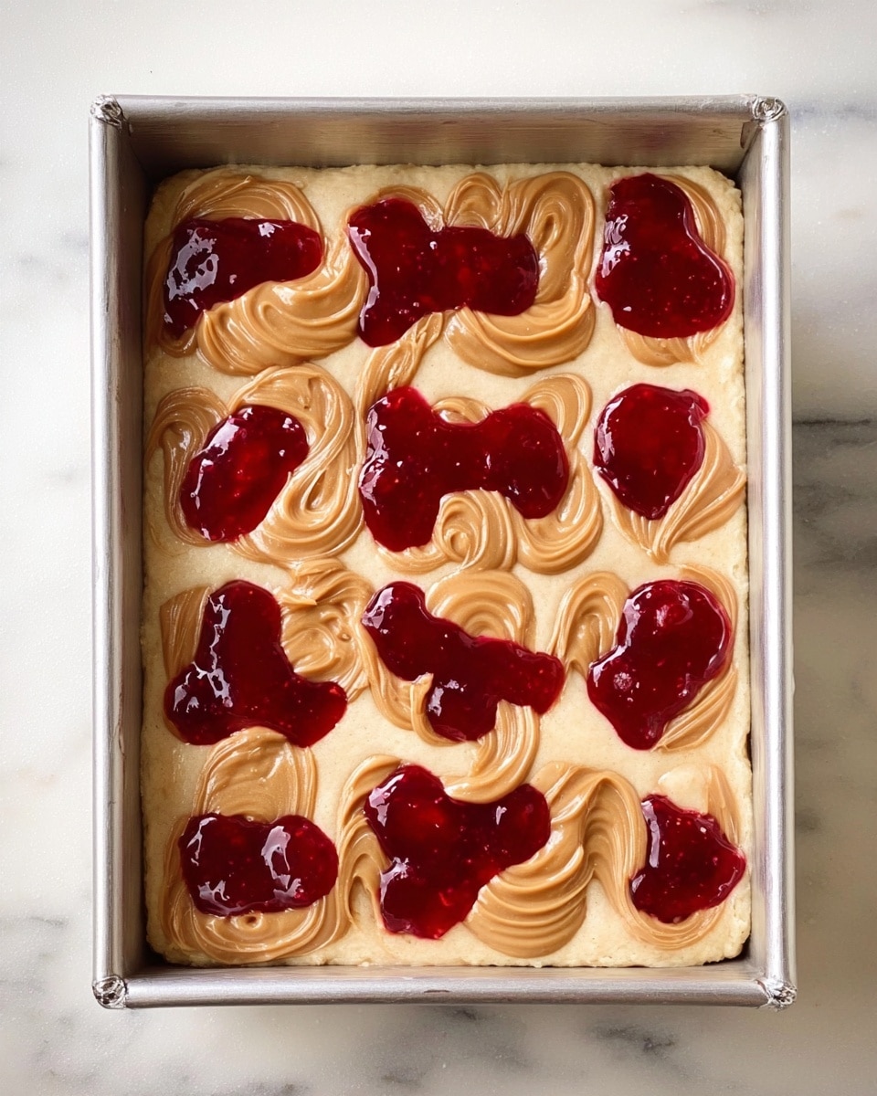 The image shows a metal rectangular baking pan filled with a light beige cake batter as the base layer. On top of the batter, there are multiple evenly spaced swirls of light brown peanut butter and dollops of red jelly in an alternating pattern, creating a checkered effect across the surface. The peanut butter has a smooth, creamy texture with visible swirls. The jelly is shiny and slightly translucent, with a thick but smooth consistency. The pan is set on a white marbled surface. photo taken with an iphone --ar 4:5 --v 7