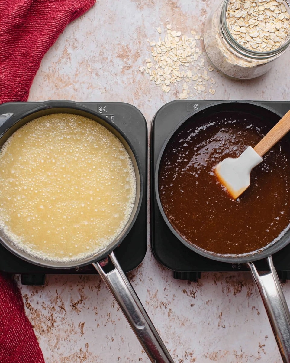 The image shows two black pans placed side by side on a white marbled surface. The left pan contains a light yellow, bubbling liquid that looks smooth and frothy, filling most of the pan. The pan is on a black electric stove with a silver handle extending to the right. On the right, the second pan holds a thick, dark brown sauce with a shiny, slightly uneven texture. A white spatula with a small amount of sauce is resting inside this pan, with its handle laying across the edge toward the right. In the top center, there is a glass jar filled with oats, some spilled on the surface near the pan. A red cloth is partially visible on the left side next to the stove. photo taken with an iphone --ar 4:5 --v 7